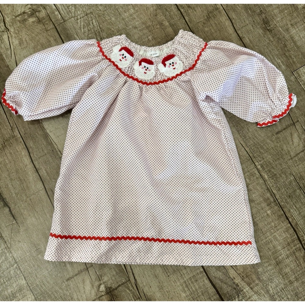 Baby Girl Christmas Santa Smocked Polka Dot Dress Red Ric-Rac Trim 18-24M - Picture 3 of 10